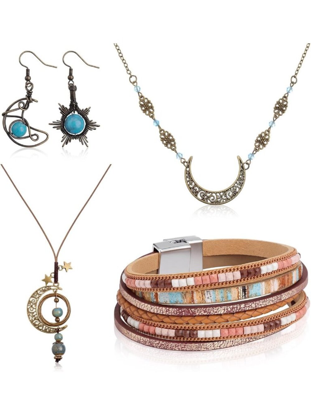 Bohemian 4-Piece Jewelry Set for Women | Sun & Moon Earrings & Necklace